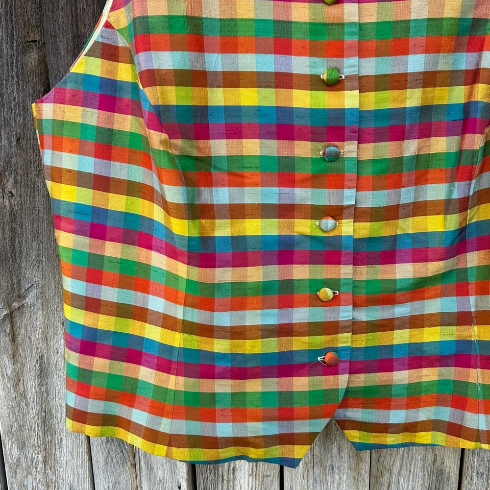 Vintage Limited America Check Plaid Silk Sleeveless Shirt Rainbow Color L - Picture 7 of 15